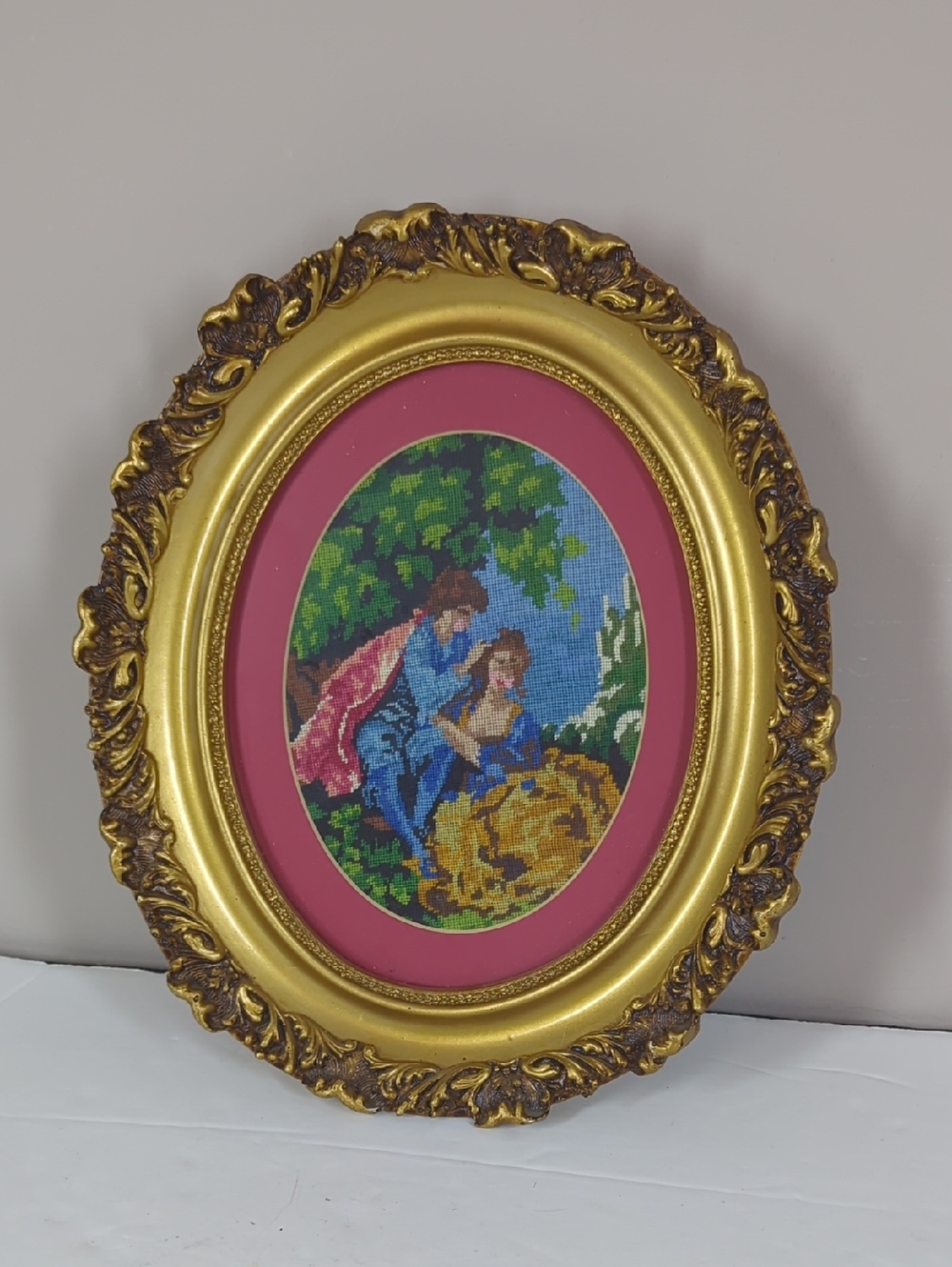 Ornate Gold Oval Framed Needlepoint Romantic Scene